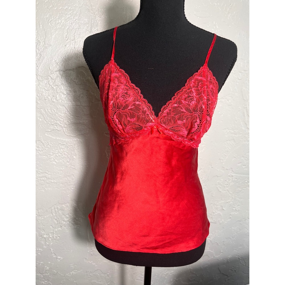 Victoria's Secret‎ 100% Silk Red Lace Cami Cross Back Velvet Strap Medium